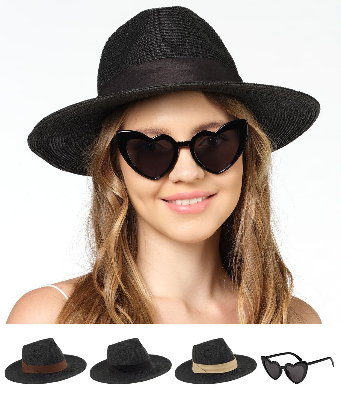 Funcredible Straw Fedora Hat for Women - Foldable Sun Hat - Packable Beach Hat - Panama Hat with Bows and Heart Shape Glasses