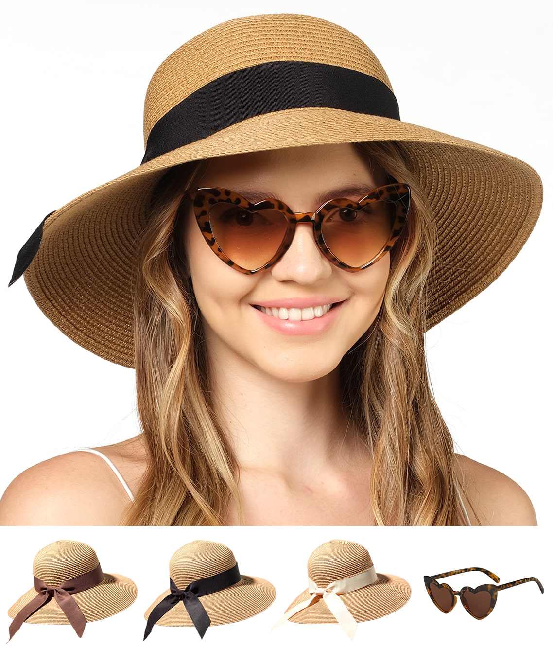 FUNCREDIBLE Wide Brim Sun Hats for Women - Floppy Straw Hat with Heart  Shape Glasses - Foldable Large Summer Hat - Big Roll Up Beach Cap - UPF 50+  (