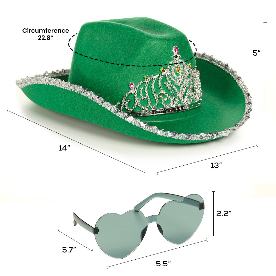 Green Cowgirl Hat with Heart Glasses - Green Cowboy Hat with Tiara Crown - FUNCREDIBLE