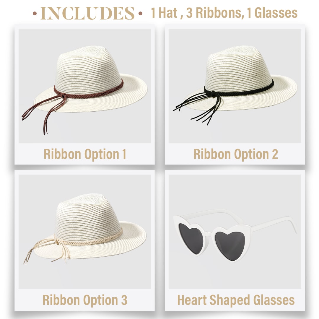Funcredible Wide Brim Sun Hats for Women - Floppy Straw Hat with Heart Shape Glasses Multi-Khaki