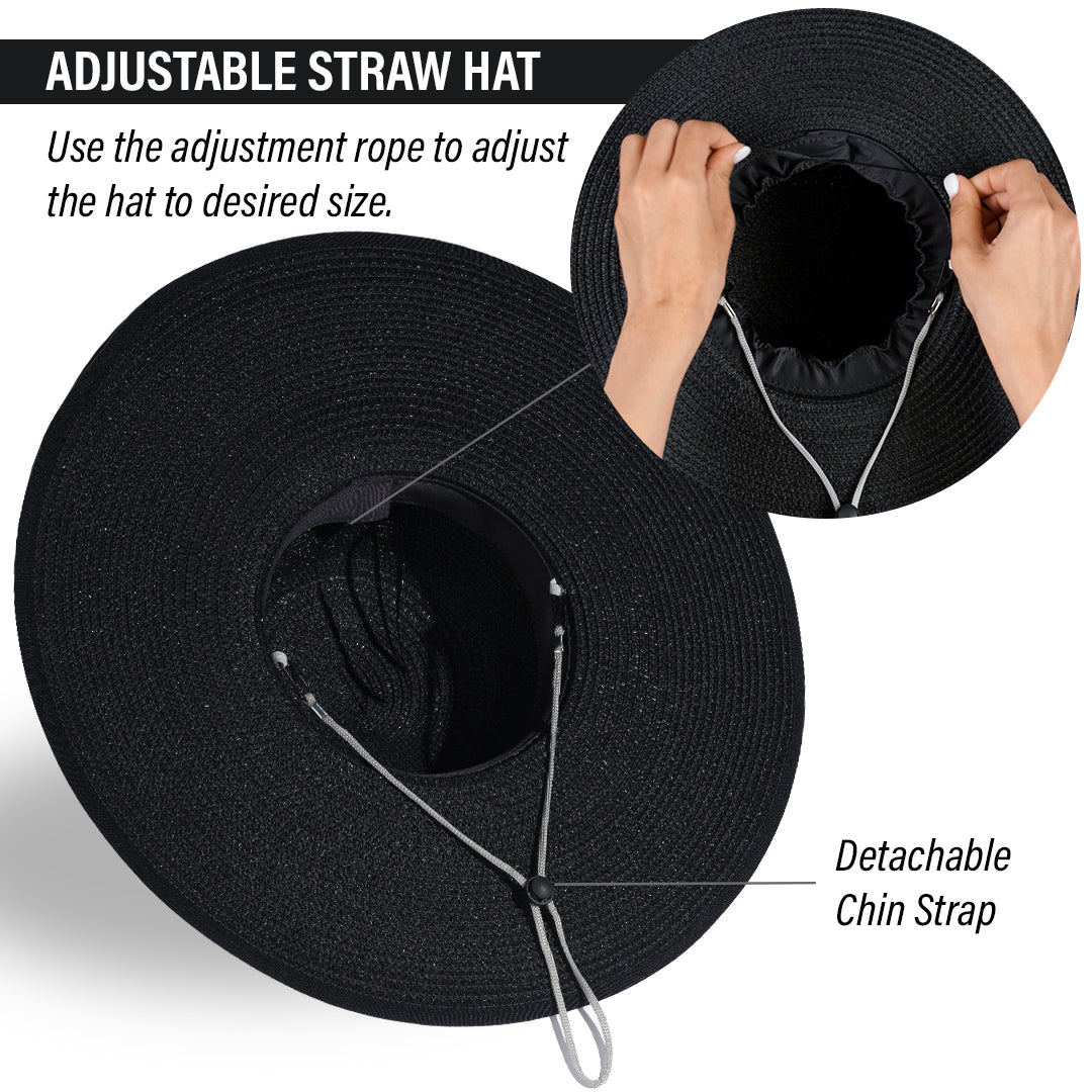 Black Wide Brim Sun Hats for Women - Floppy Straw Hat-FUNCREDIBLE